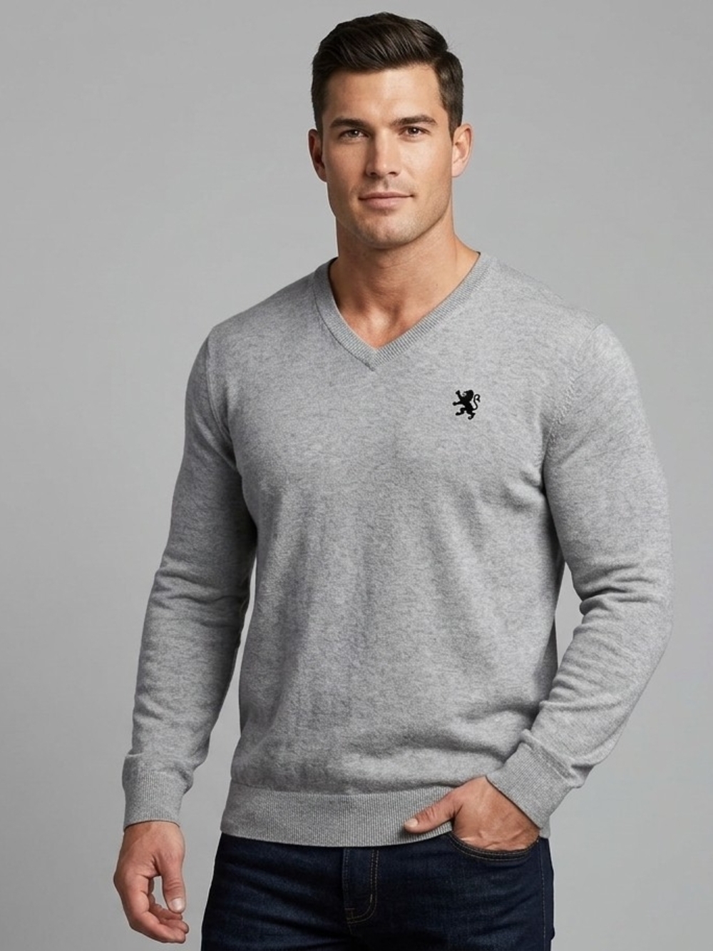 Old Navy Men's Light Gray V-Neck Sweater with Embroidered Lion